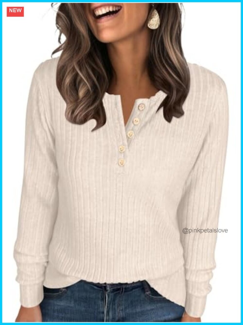 Ribbed Long Sleeve Henley Tunic Top Women's Casual Button Knit Shirt